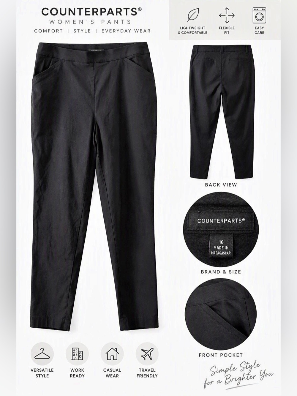 Counterparts Women’s Black Pull-On Pants 16 Business Casual / Casual W/ Pockets